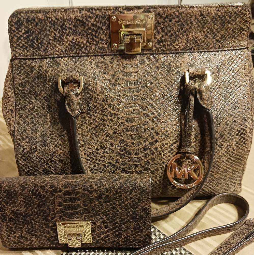 Michael Kors Brown Satchel with Gold Hardware Set Includes Wallet & Long Strap